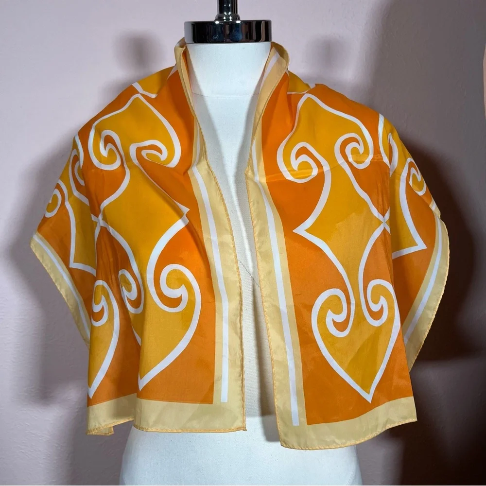 Vintage 60 70 Mod Retro Art Deco Orange Yellow Long Skinny Scarf - Picture 10 of 16